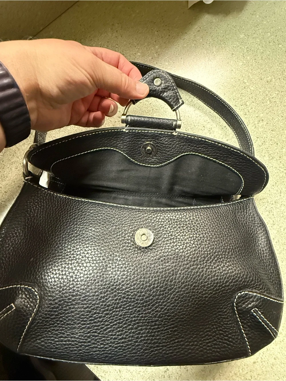 Kate Landry Pebbled Black Leather Shoulder Bag with Contrast Stitching